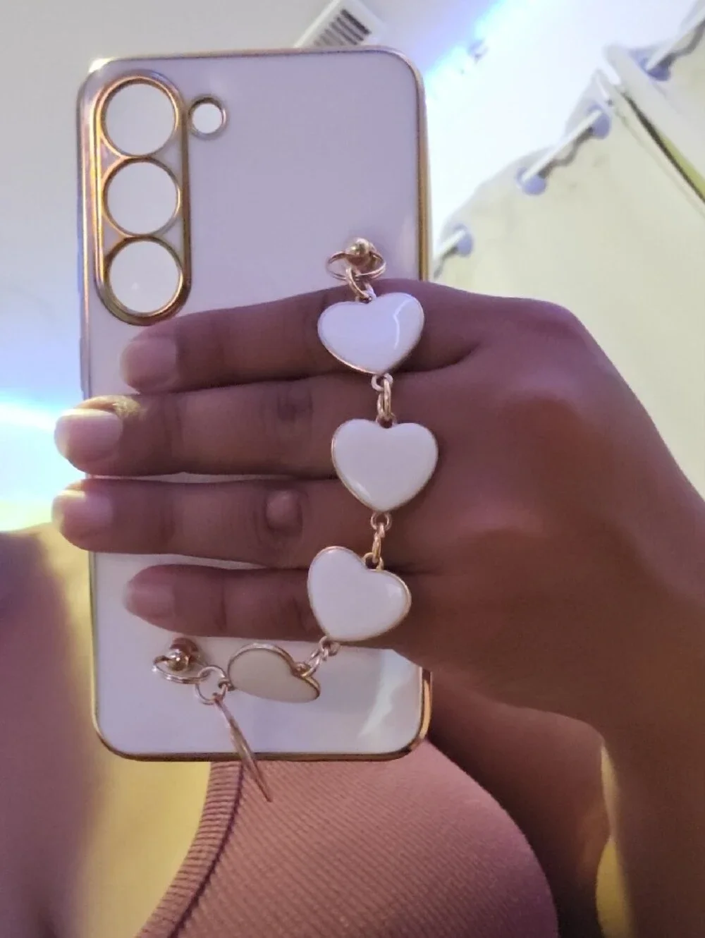 White Glossy Phone Case with Gold Heart Chain